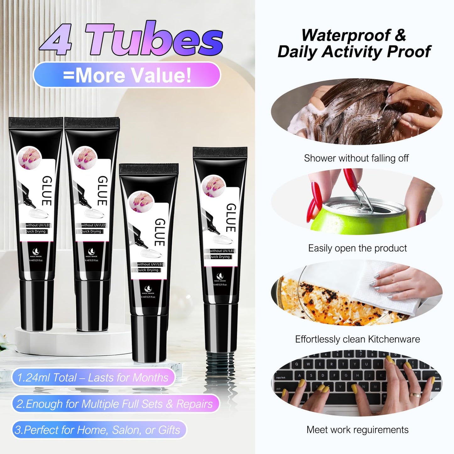 4 x 6g Nail Glue for Press On Nails with 2 x 20ml Nail Glue Remover and Tool, No UV Light Needed Semi Solid Nail Glue, Mini Tubes Quick Drying Gel Long Lasting for Fake Acrylic Nails