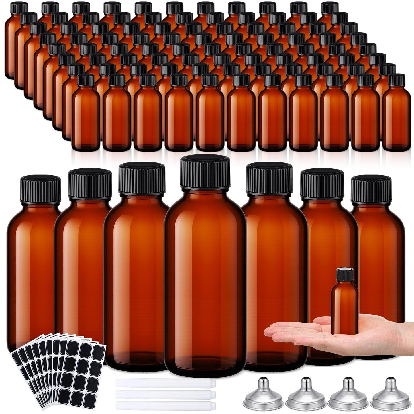 Hsei 100 Pcs 1 oz Amber Glass Boston Round Bottles with Black Cap Brown Sample Bottle Small Glass Containers with Lids and Funnel Chalk Labels Pen for Vanilla Extract Essential Oils