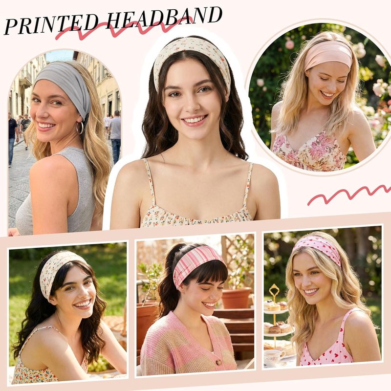 8 Pack Pink Floral Stripe Headbands for Girls - Non-Slip Summer Accessories