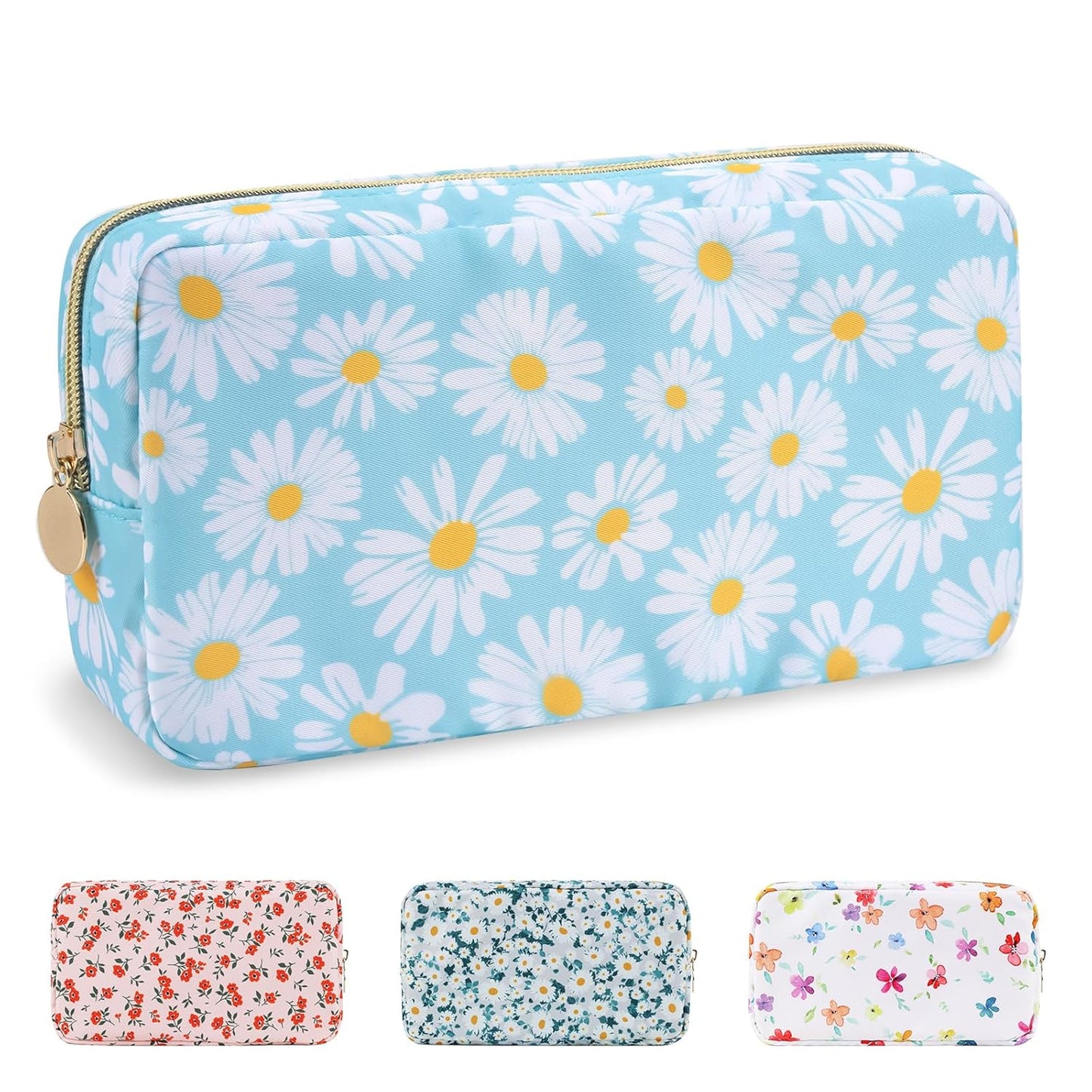 Waterproof Mini Floral Makeup Bag - Nylon Travel Pouch for Women | Cute Zipper Toiletry Organizer (Mini White-Flowers)