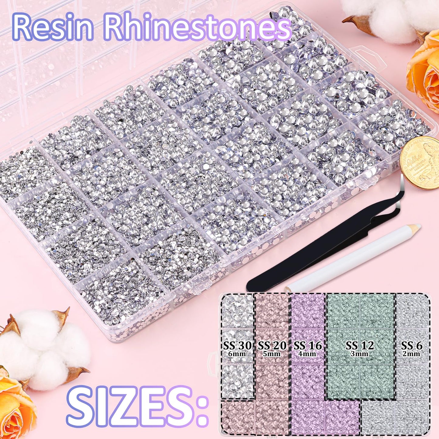 Resin Rhinestones - 32000 Pcs Flatback Gems for Bedazzling | Silver Clear Crystal Kit with 3 Pcs B7000 Glue for Nail Art & Crafts