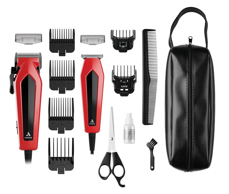 Andis Ultra Clip Corded Clipper & Trimmer Combo Kit - 15-Piece Set, Stainless Steel Blades, Whisper Quiet, Red