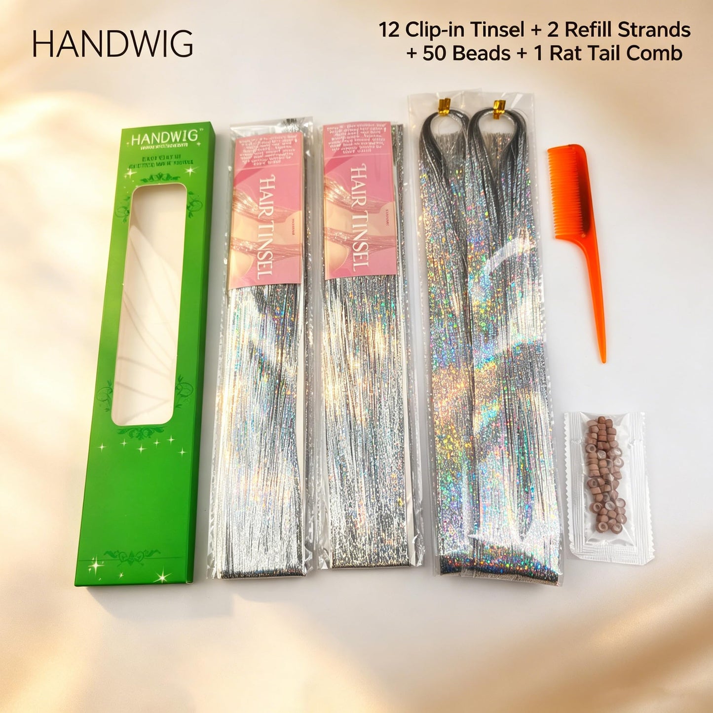 Handwig 80 Strands Silver Hair Tinsel, 2-in-1 Kit Metallic Shimmer
