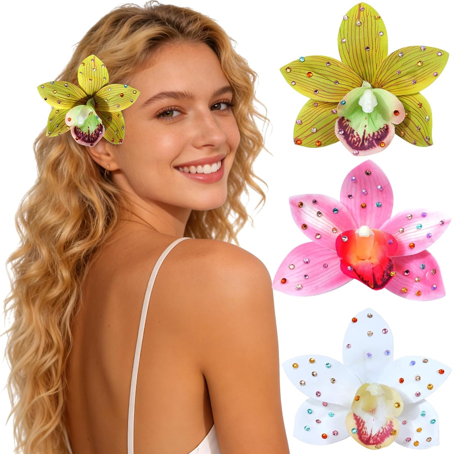 Hawaiian Flower Hair Clips - 3 Pack Artificial Tropical Orchid Hair Pins | Rhinestone Accessories for Weddings & Beach Parties (Orange)