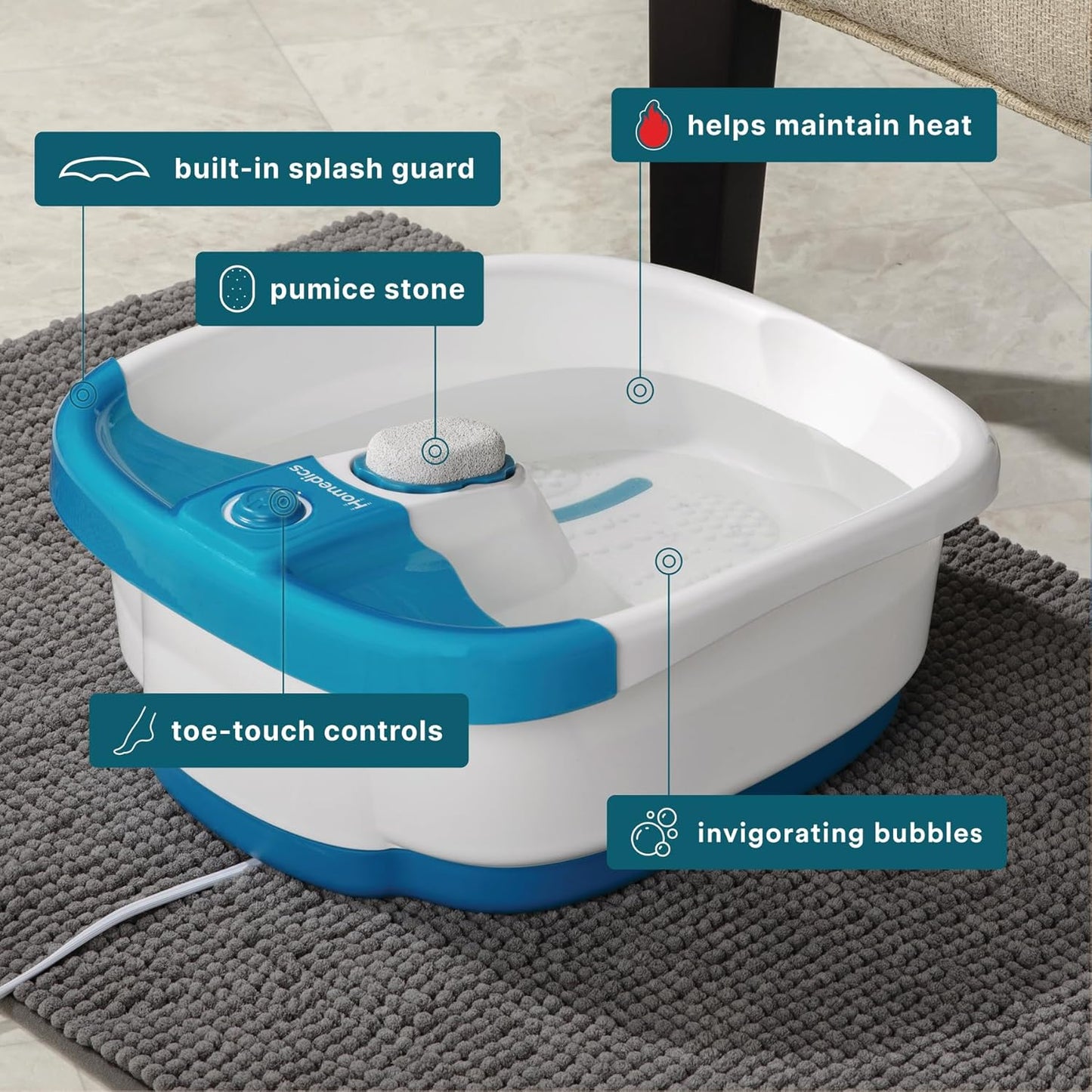 Homedics Bubble Mate Foot Spa - Invigorating Toe Touch Control Foot Bath with Massage Nodes & Pumice Stone | Relaxing Home Spa Experience