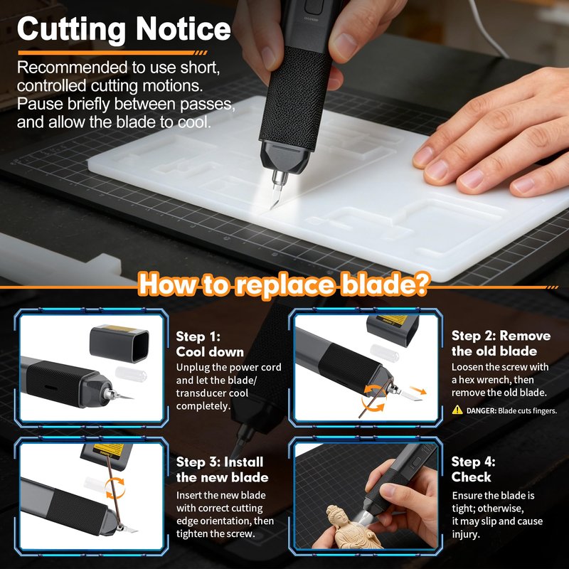 Ultrasonic Cutter, 40kHz High Precision Ultrasonic Cutting Knife, 30W Corded Ultrasonic Knife for Better Cooling, Effortless Support Removal Tool for 3D Printing, Resin, PCB, Leather, Hobby DIY Craft