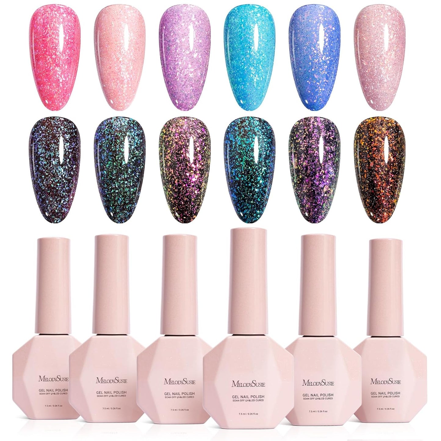 MelodySusie Cat Eye Gel Nail Polish Set - 6 Pcs Glitter Holographic Magnetic Polish | 0.26 Fl Oz Each
