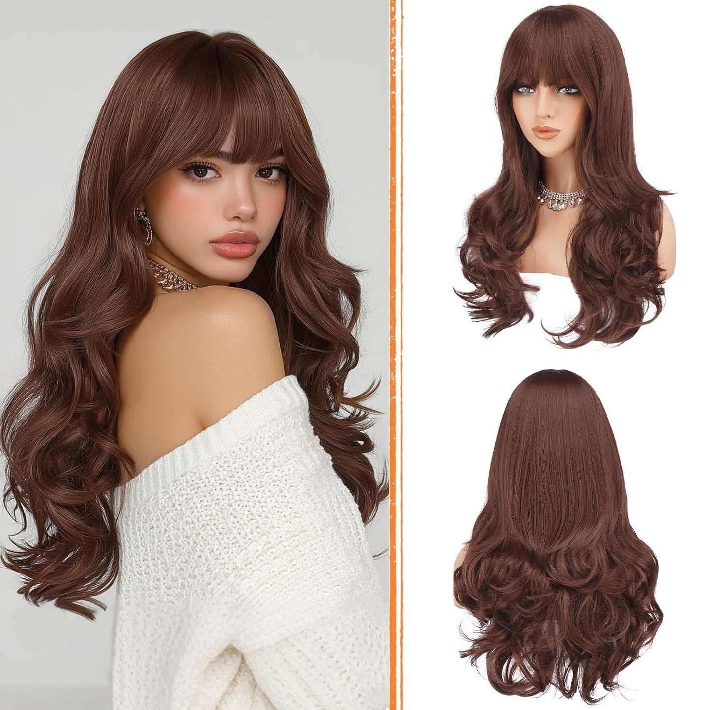 Blonde Wigs with Bangs - Long Wavy Layered Synthetic Hair Wig | Natural-Looking, Heat Resistant, 24 Inch for Daily Wear & Parties