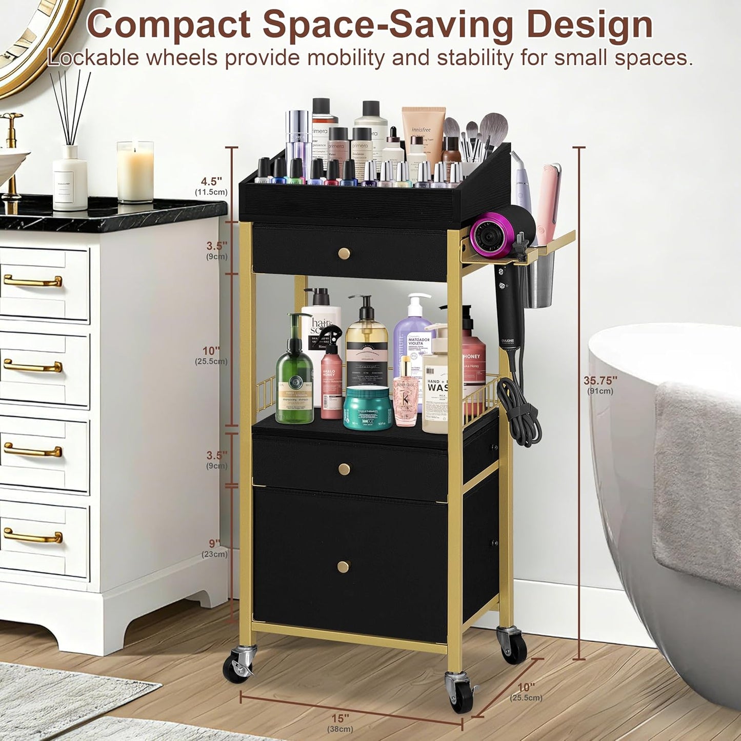 Makeup Organizer Cart - Rolling Vanity Storage with 3 Drawers & Detachable Hair Tool Holder | Gold & Black