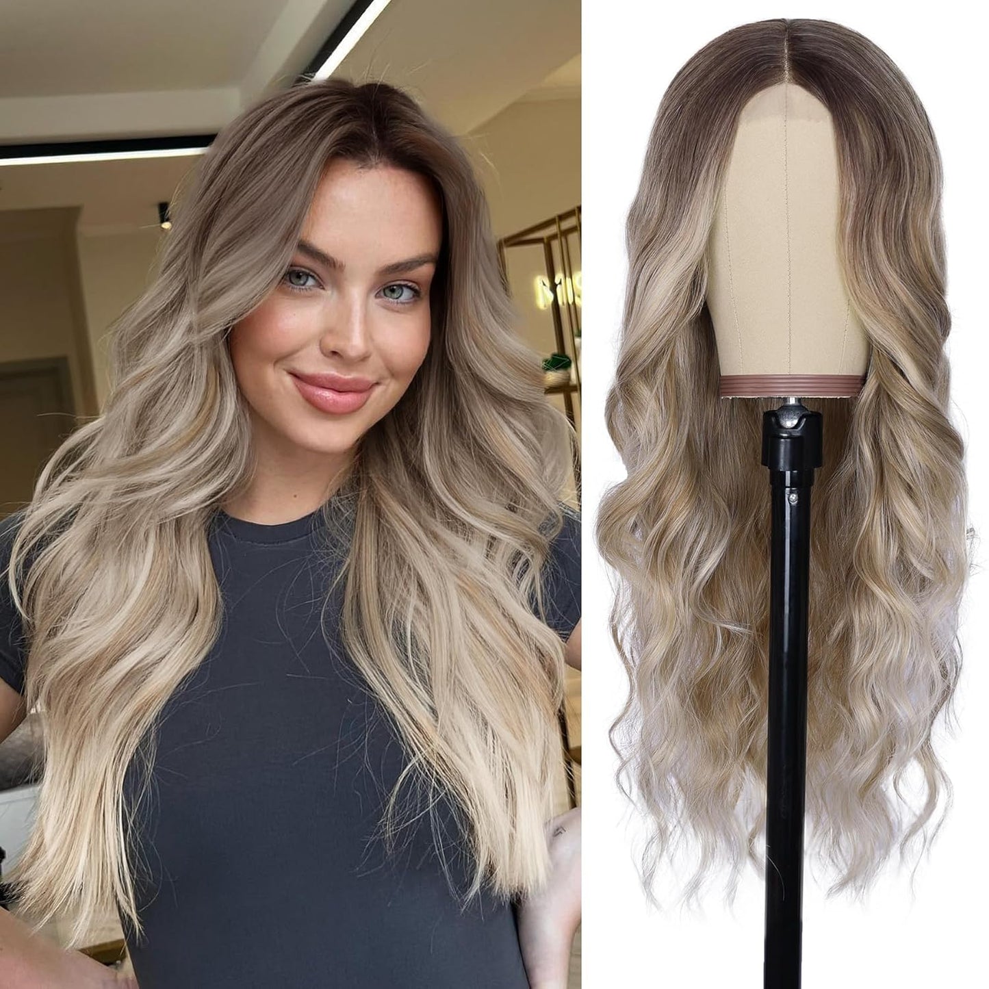 NAYOO Brown Wigs for Women - Long Curly Wavy Hair | Heat Resistant Synthetic Fiber, 24 Inches