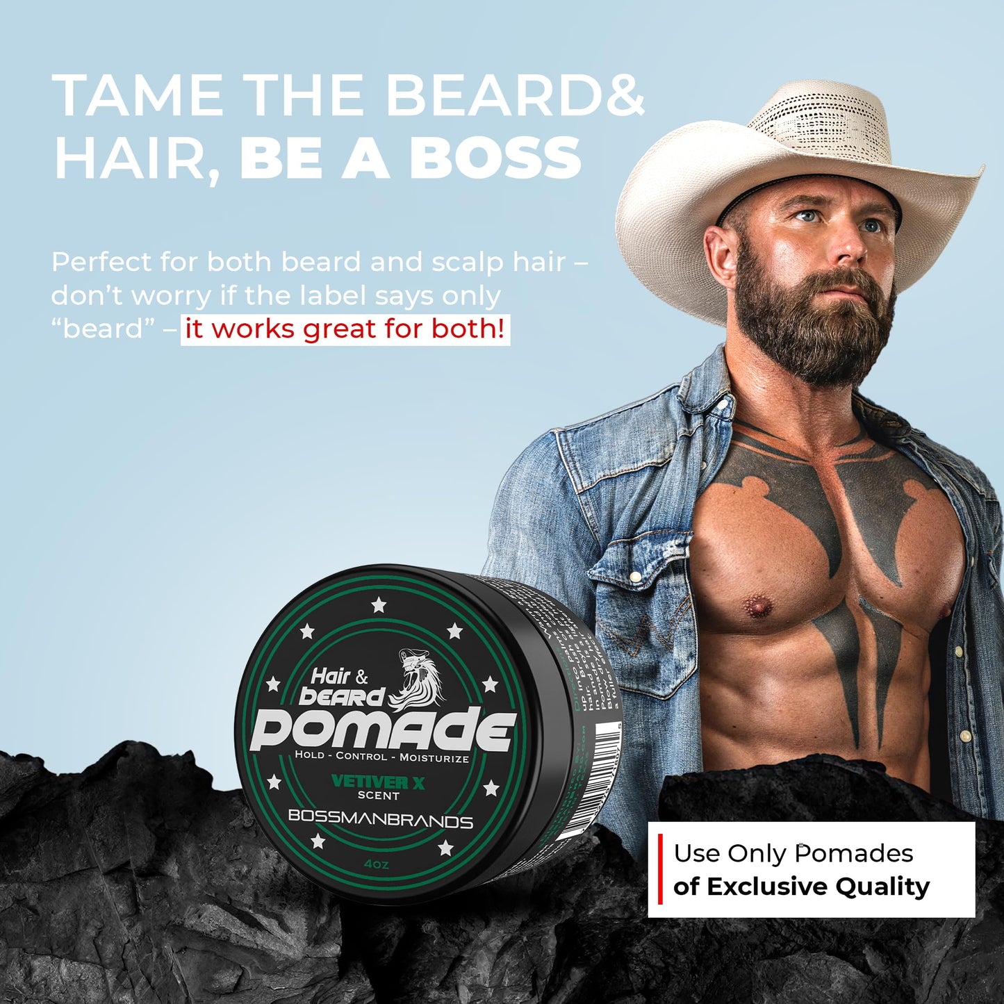 Bossman Natural Hair & Beard Pomade for Men (Vetiver X Scent) – Medium Hold & Moisturizing for Hair, Beard & Mustache Styling – Made in USA