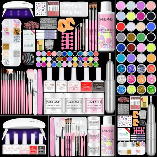 SAVILAND Acrylic Nail Kit with Drill: Professional Acrylic Nail Set for Beginners with Everything U V Light 3 Colors Gel Polish Decorations Nails Tools for Home Salon Use Christmas Gift Set