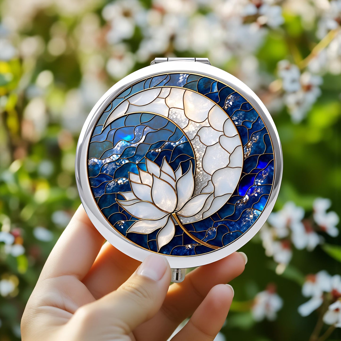 Silver Compact Mirror, 2.8x2.8inch Double-Sided Folding Makeup Mirror with Moon Lotus Stained Design, Ideal Gift for Women