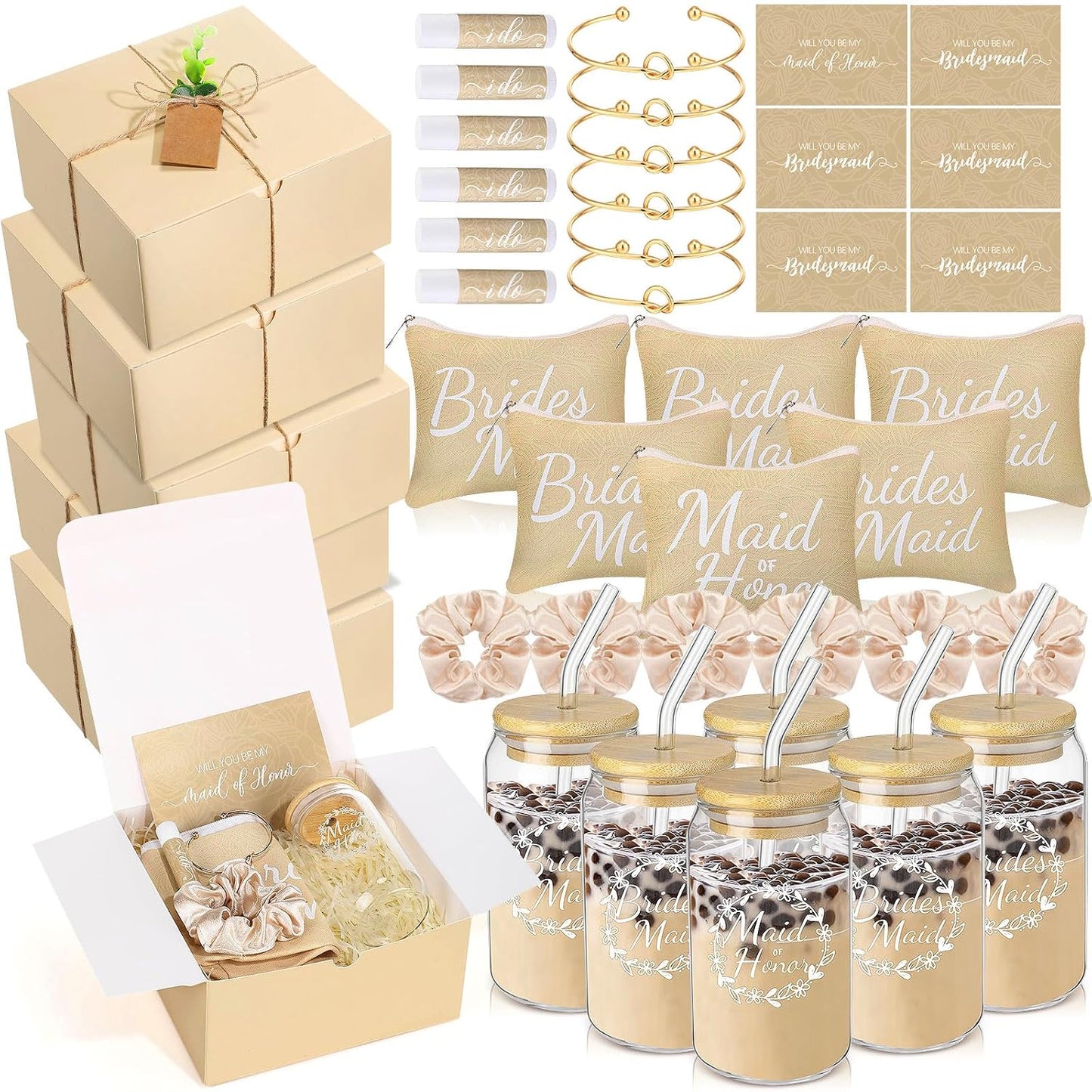 Bridesmaid Proposal Gifts - 54 Pcs Set with Makeup Bag, Glass Cup & Bracelet | Green & White