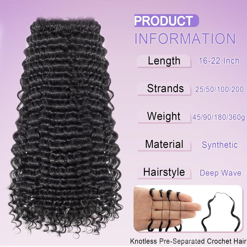 Deep Wave Crochet Hair Extensions - 100 Strands Knotless Curly Hair for Black Women | 18 Inch, Color 1B
