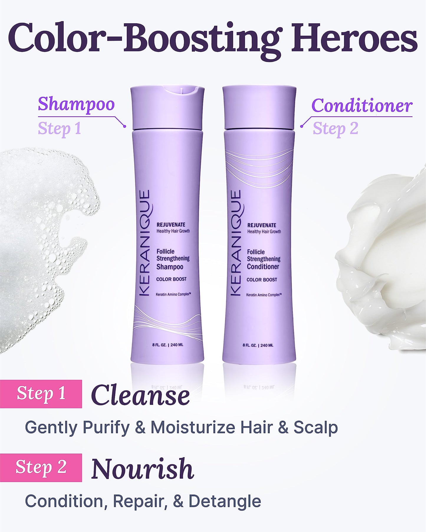 Keranique Rejuvenate Color Boost Shampoo & Conditioner for Color-Treated Hair, Thinning Hair – Sulfate & Paraben Free with UV Protection – Helps Reduce Color Fade & Wash-Out – Keratin Amino Complex™