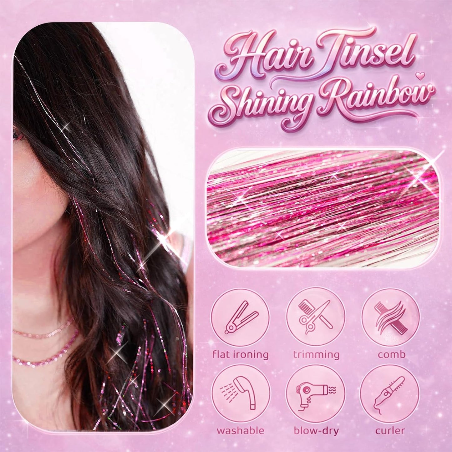 Pink Hair Tinsel Kit - 8 Pcs 48-Inch Glitter Strands for Girls & Women | Hair Accessories for Parties & Festivals