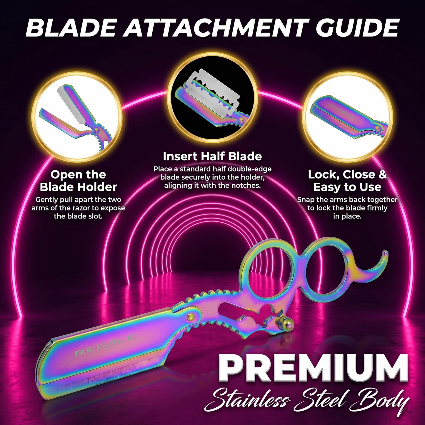 Regale Barber Supply Finger Insert Straight Edge Razor Multi Rainbow, Classic Stainless Steel Barbero Shaver for a Smooth & Precise Shave, Premium Barber Razor for Men's Shaving