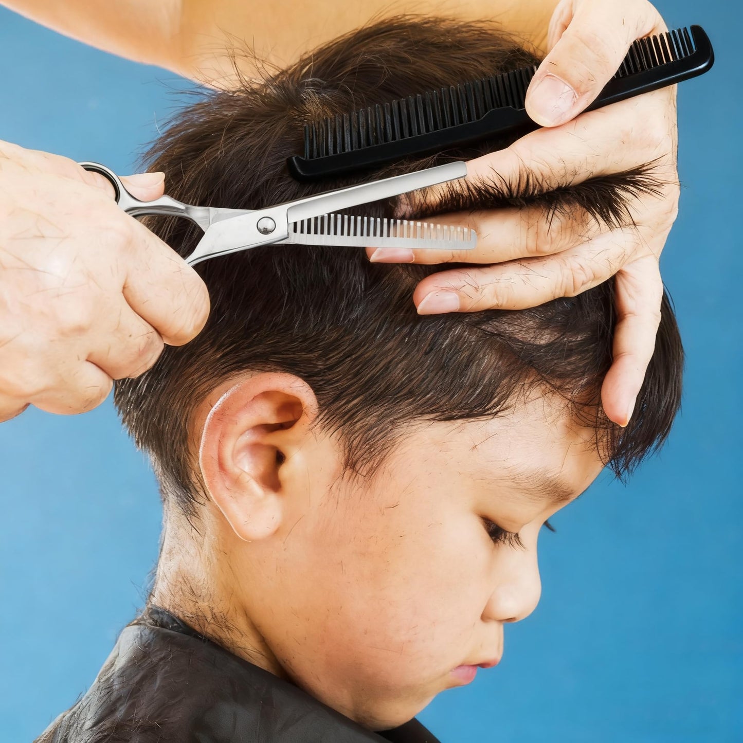 Kids Hair Cutting Kit, Complete Haircut Set for Children – Safety Round Tip Scissors, Thinning Shears, Razor Comb, Barber Cape, Neck Duster, Comb & Clips, Home Haircut Kit with Bag