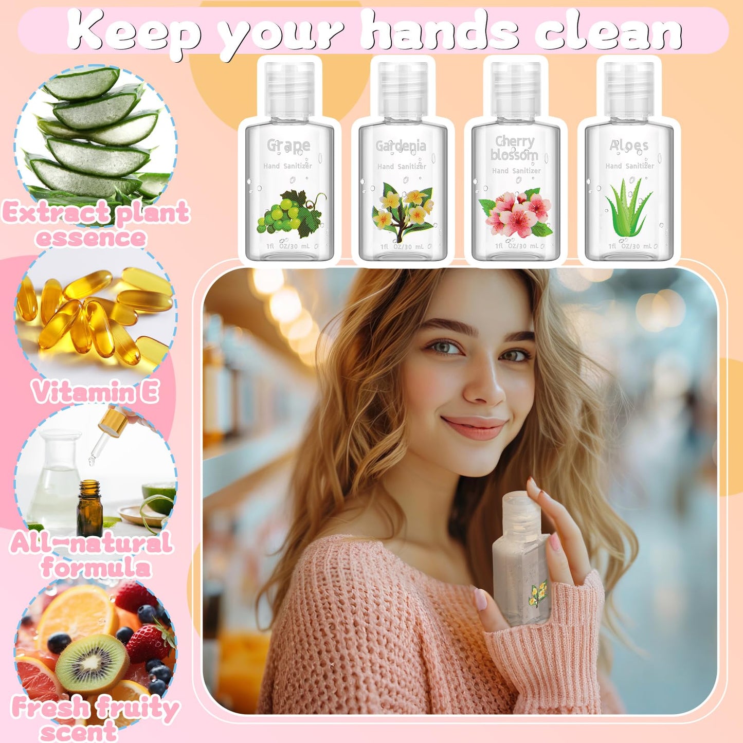 Frienda 24 Pcs Scented Mini Hand Sanitizers Bulk 1 Fl oz Travel Size Hand Sanitizer Assorted Floral Fruit Scents Teacher Appreciation Gifts for Teacher Nurse Coworker Staff Office Thank You Gifts