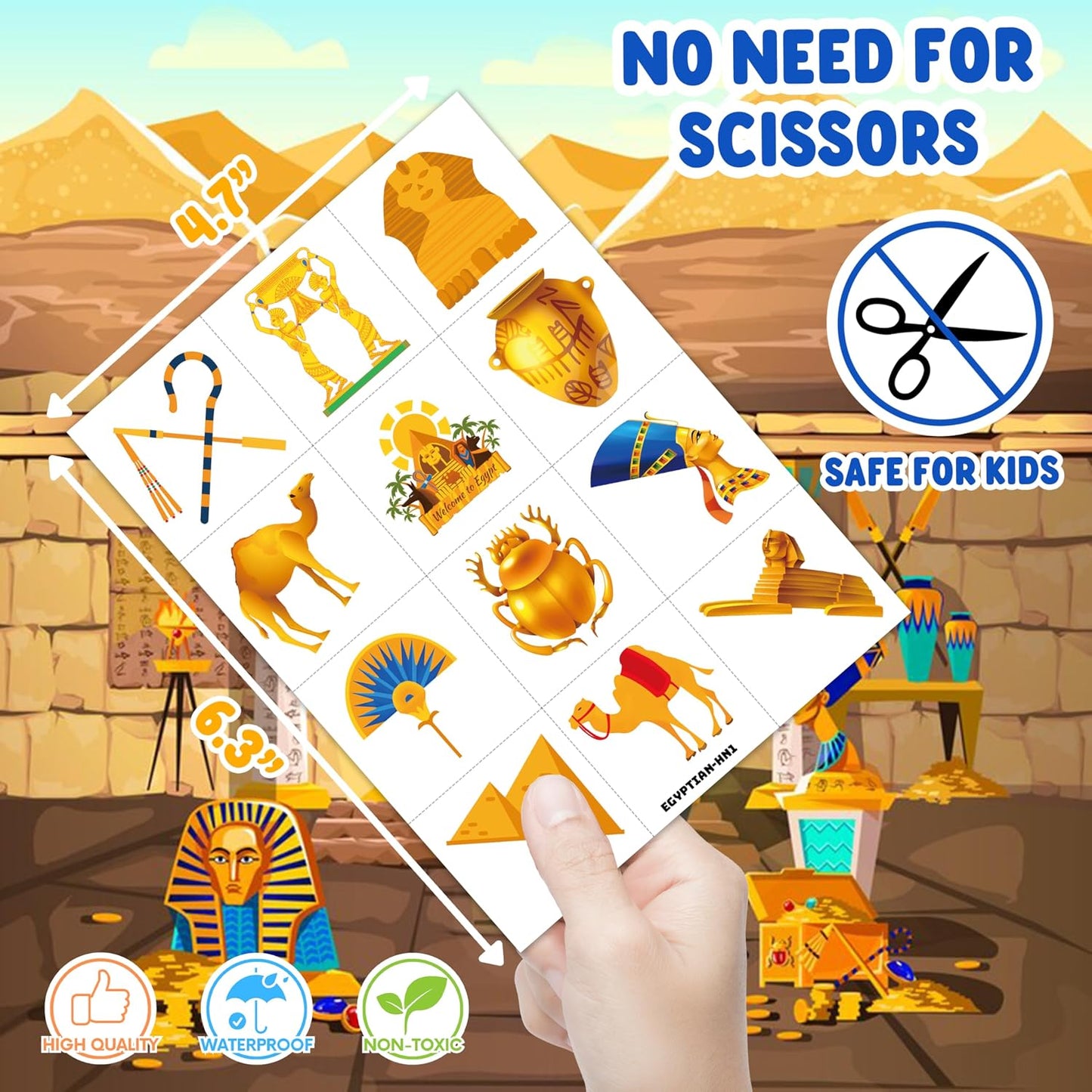 Ancient Egypt Temporary Tattoos - 96PCS Pre-Cut Pharaoh, Sphinx & Pyramid Designs | Perfect for Kids' Parties & School Projects