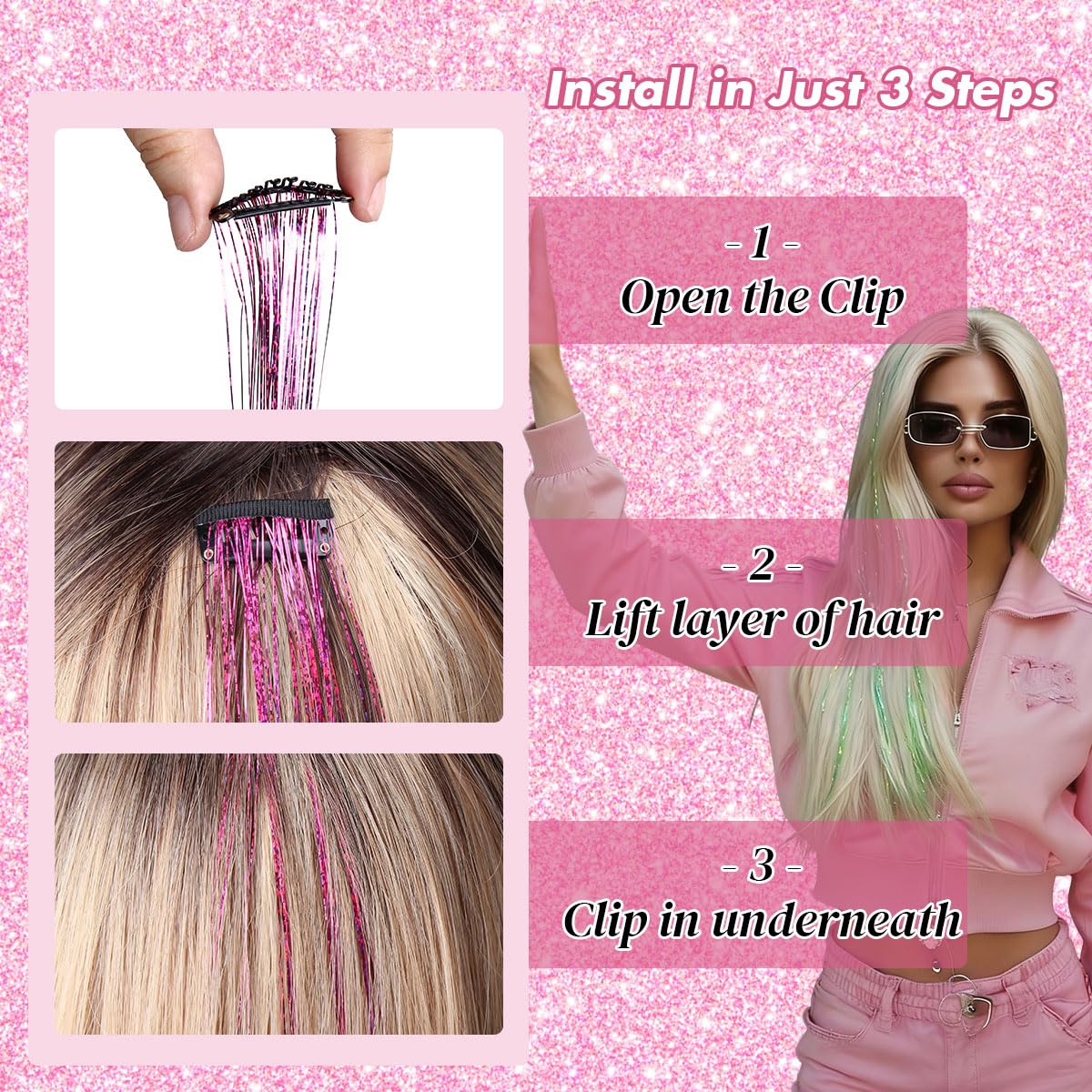 Colorful Hair Tinsel Clips - 18 Pcs 24 Inch Heat Resistant Fairy Hair Extensions | Hot Pink Glitter for Girls & Women
