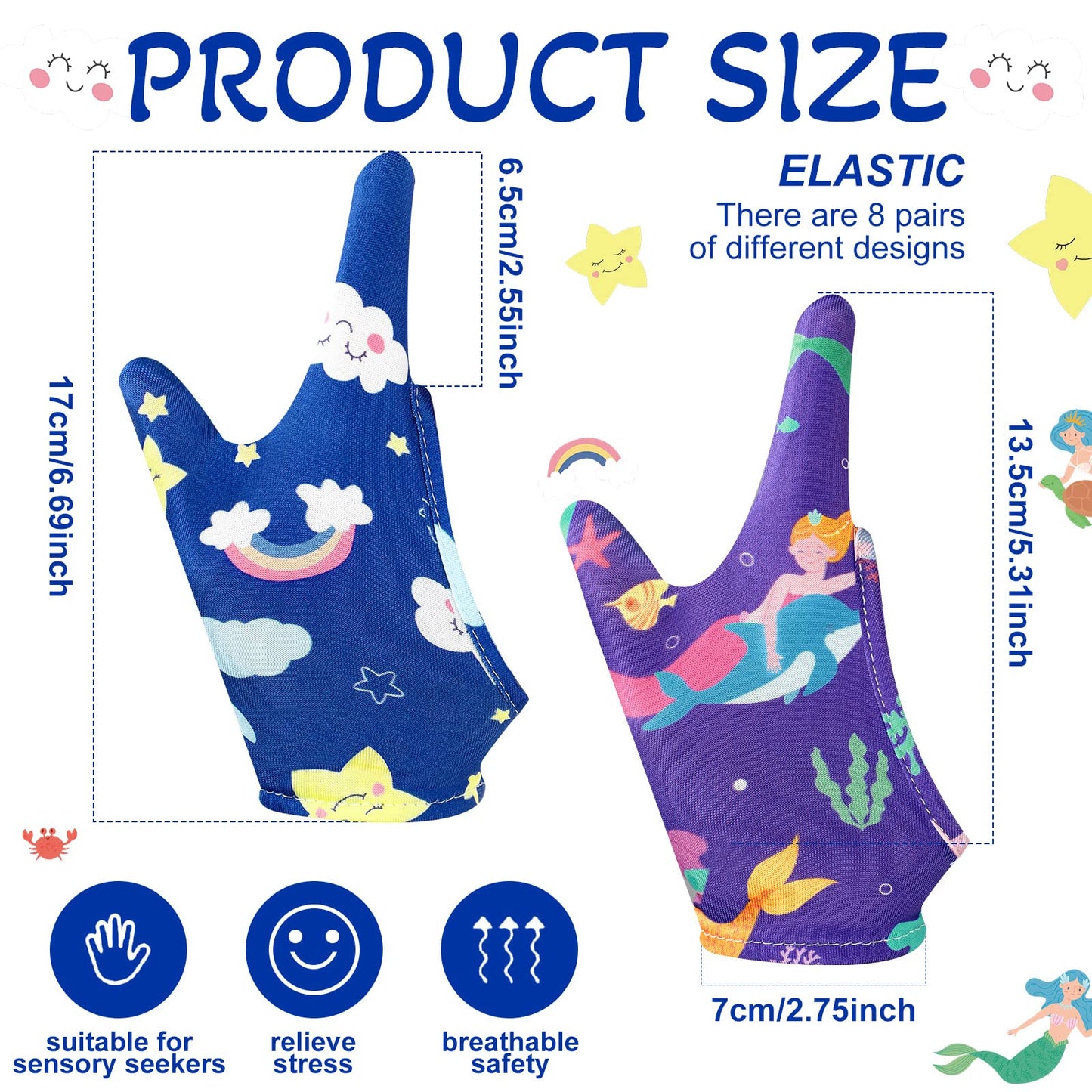 Janmercy 16 Pcs Thumb Sucking Stop for Kids Chewy Gloves Stop Breathable Thumb Guard for Nail Biting Gloves Cute Finger Sucking Stopper for Kids, 8 Style, 2 Finger(8-12 Years)