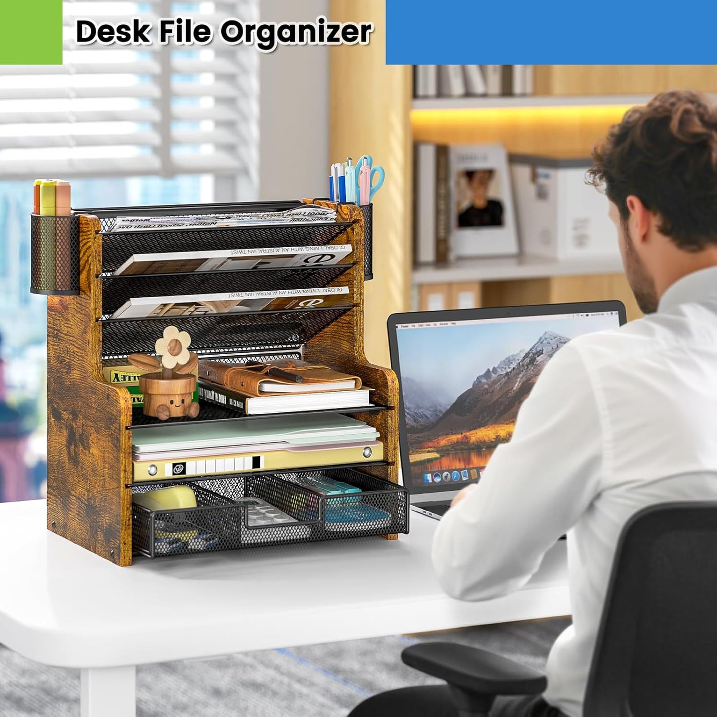 6-Tier Mesh Desk Organizer with Drawer | Sturdy Wooden Office Organizer for Papers & Folders - Space-Saving Design