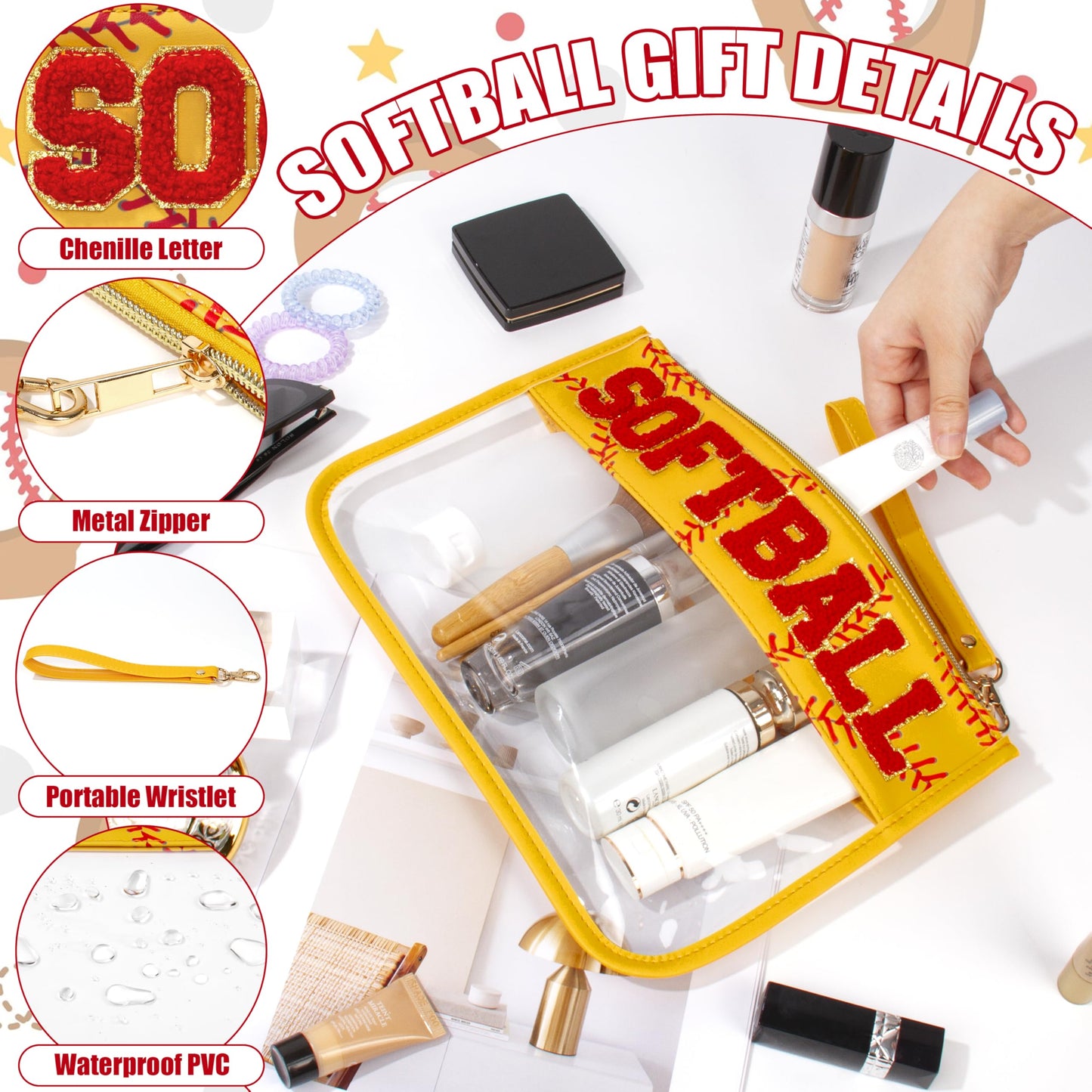 BuyCard Softball Gifts Makeup Bag with Chenille Letter Patch, Clear Cosmetic Pouch PVC Organizer Purse, Waterproof Travel Bag, Portable Toiletry Storage Bag for Her Friends