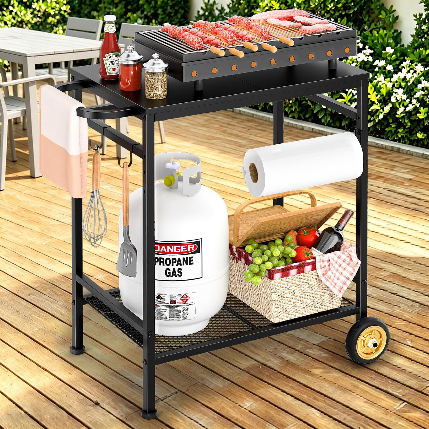 2-Tier Outdoor Grill Table with Wheels, Movable Cooking Food Prep Table for Outside BBQ Gathering, with 23.62" Lx 15.75" W Rust-resistant Tabletop, Griddle Stand for Patio & Backyard & Tools Room