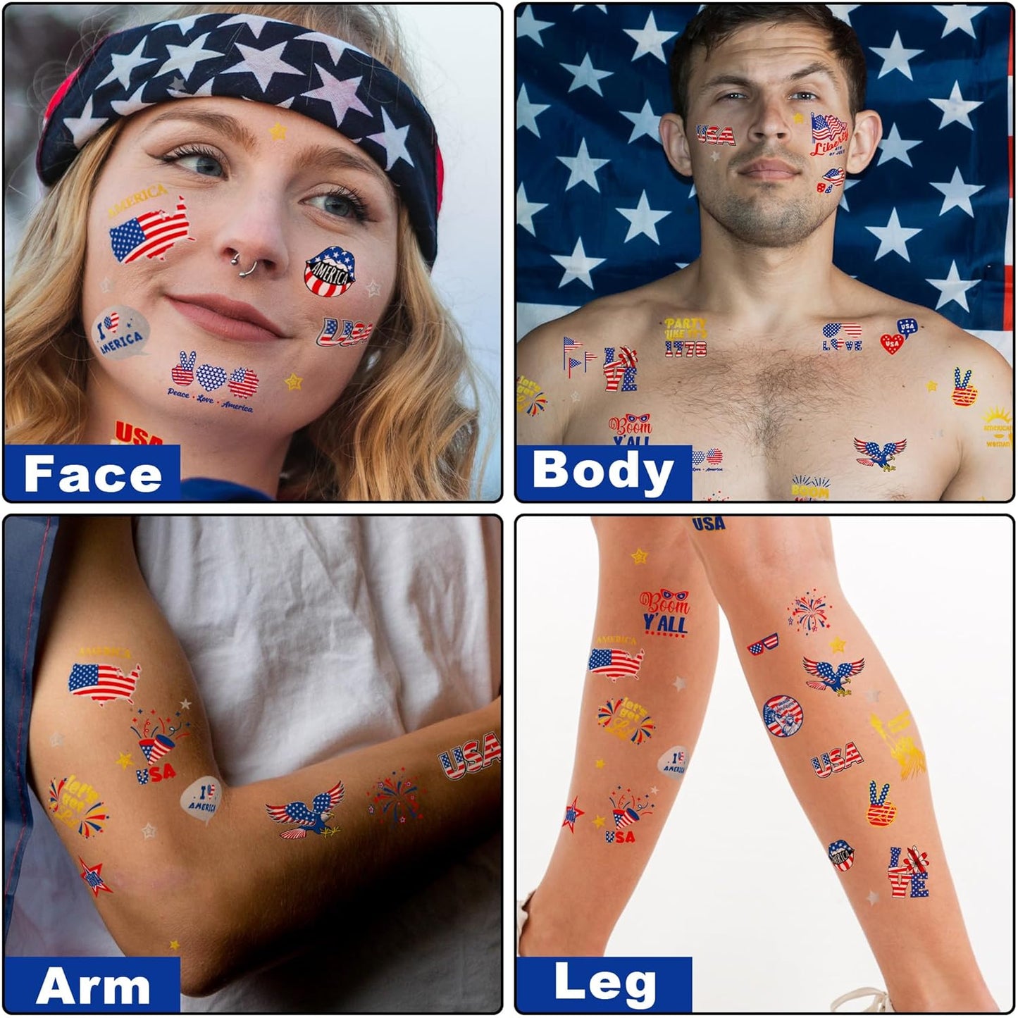 64 PCS 4th of July Temporary Tattoos - Patriotic American Flag Body Art | Red, White & Blue Designs