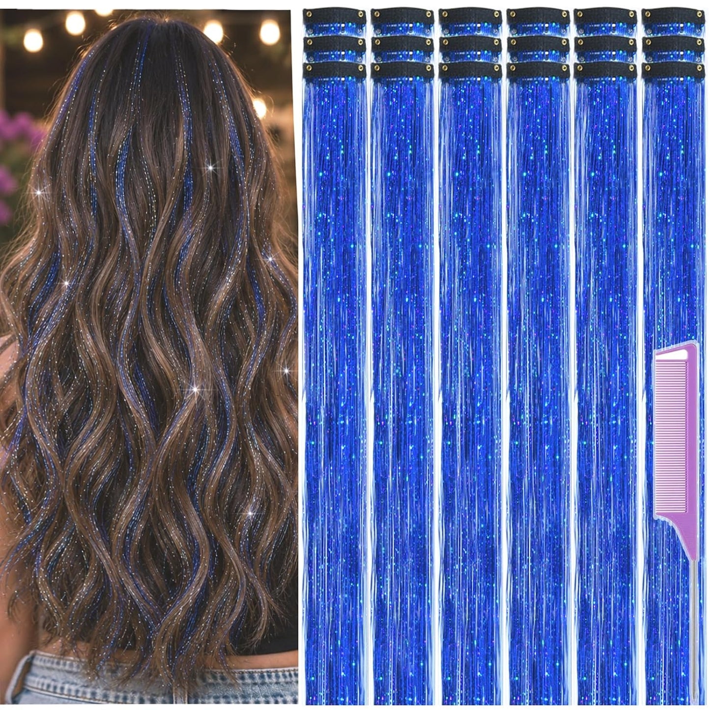 Hair Tinsel Kit - 22 Inch Clip-In Glitter Extensions for Women | 18 Pcs Coffee Gold, Silver & Black