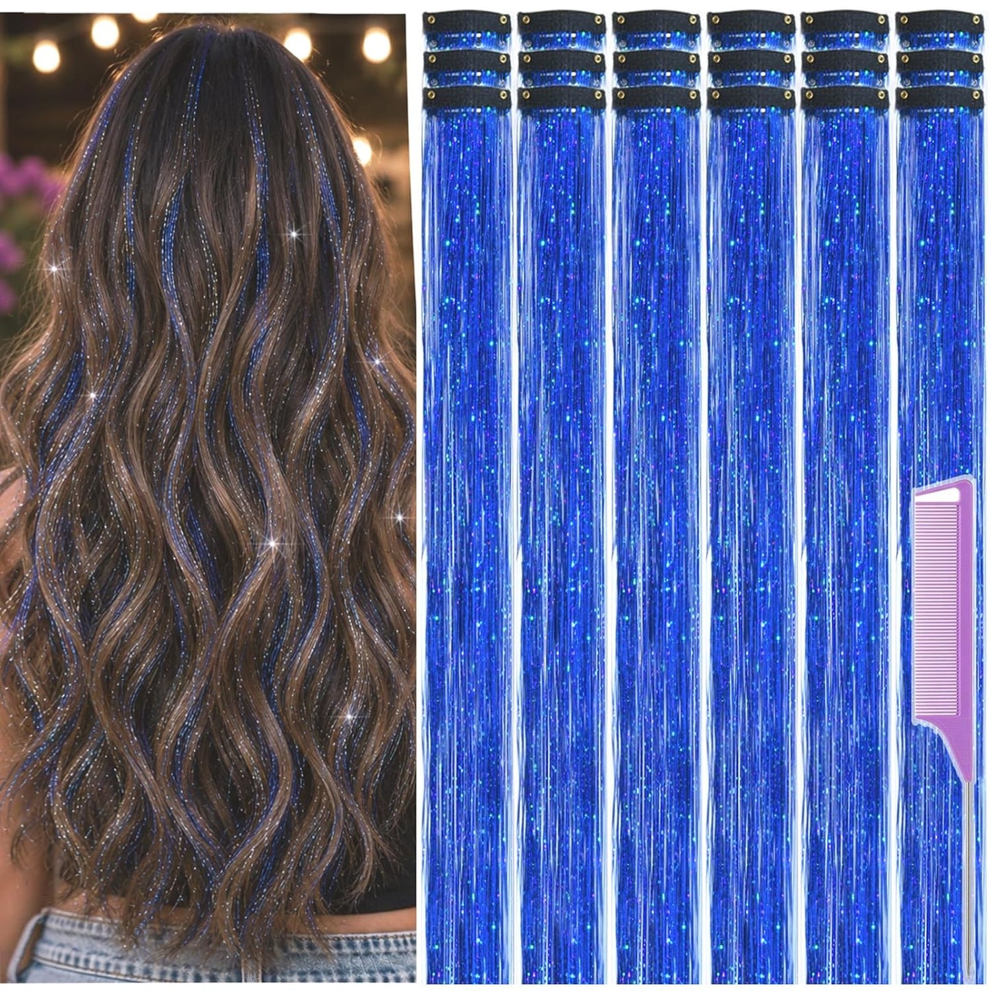 Hair Tinsel Extensions - 22 Inch Glitter Clip-In Kit for Women & Girls | 18 Pcs Red, Blue, Green
