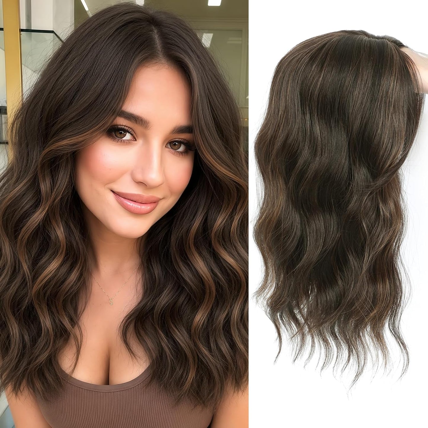 16 Inch Hair Topper for Women - Synthetic Curly Wavy Clip-In with Curtain Bangs | Natural Crown Coverage in Chestnut Brown