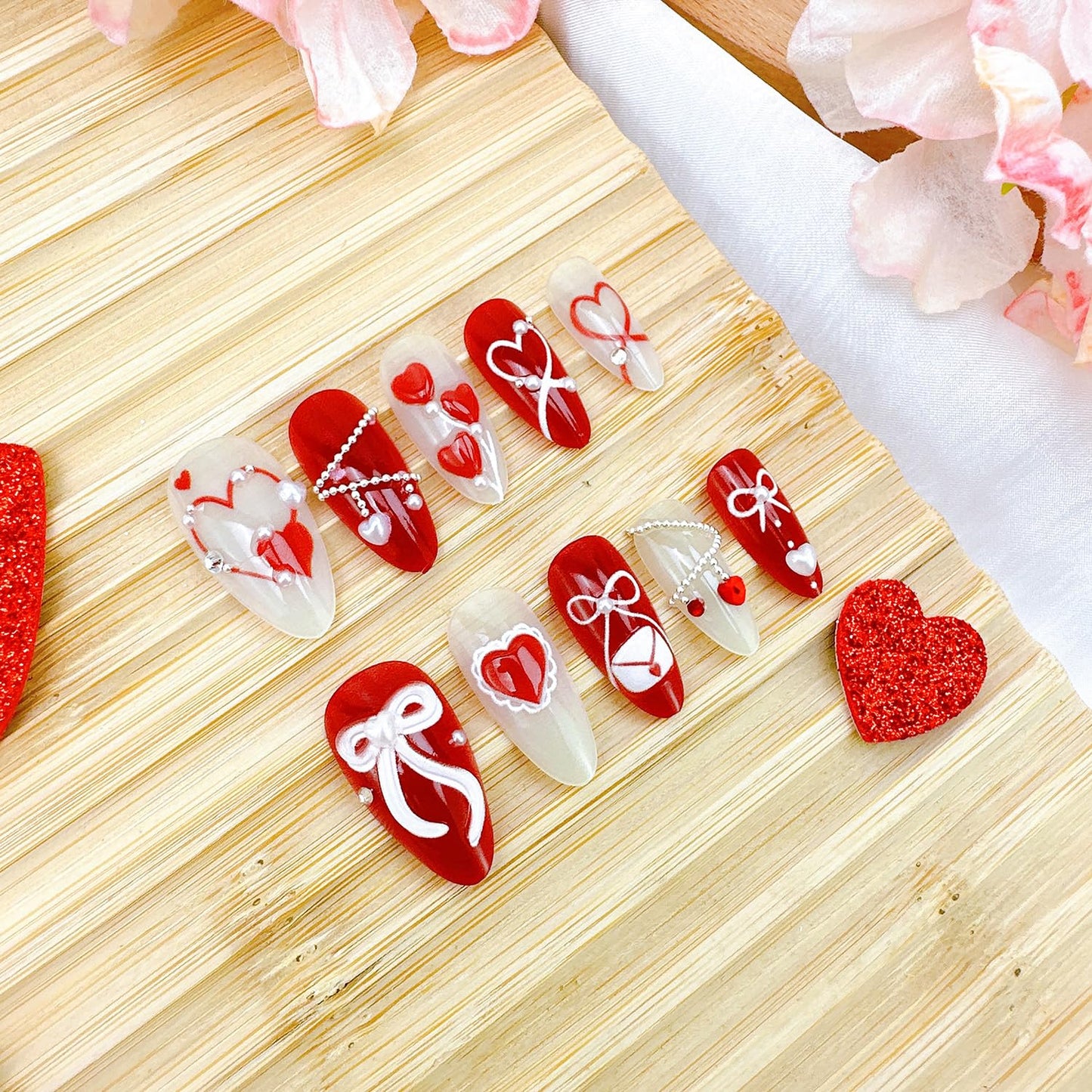 Valentine's Press-On Nails - 24 Pcs Medium Almond Acrylic Set with Heart Pearl Rhinestones & 3D Bow | Full Cover for Women