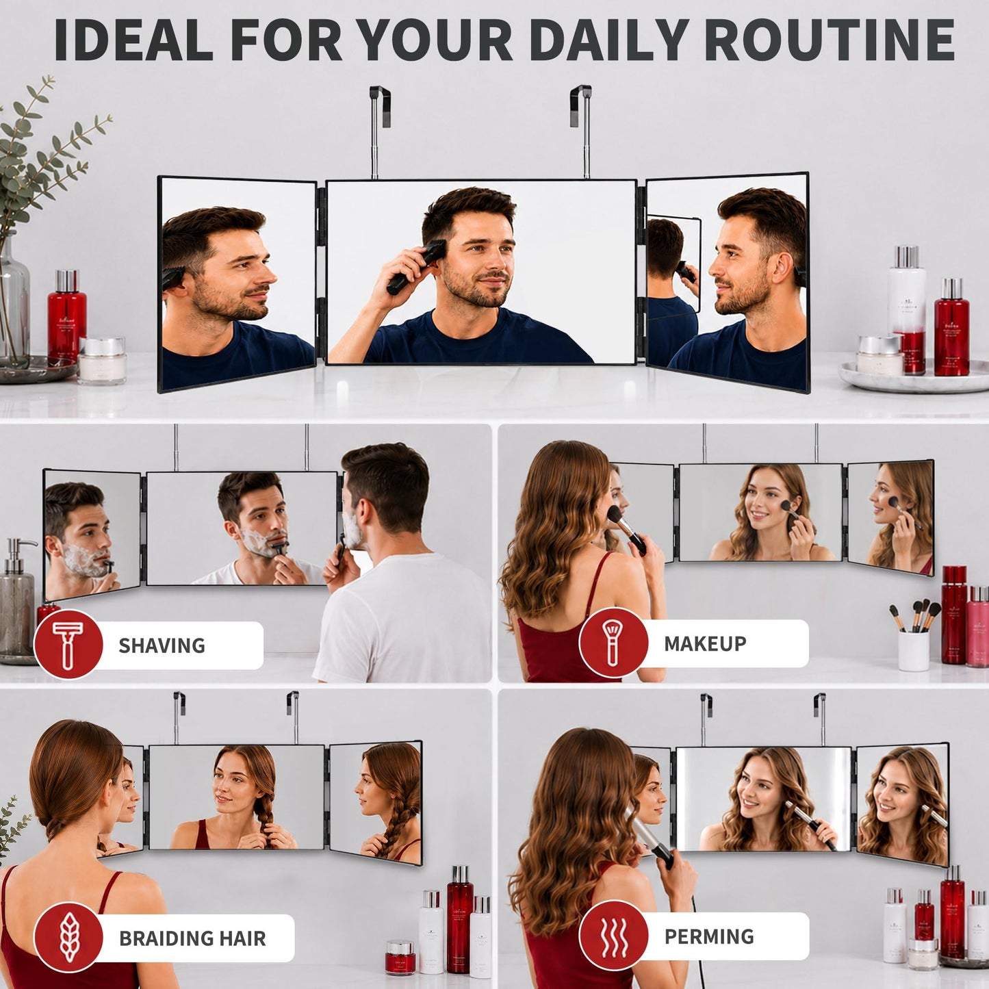 LAITEMEN 3 Way Mirror for Self Hair Cutting, 360 Barber Mirror Self Cut for Braiding Hair, 3way Haircut to See Back of Head for Men and Women, Black (Without LED)