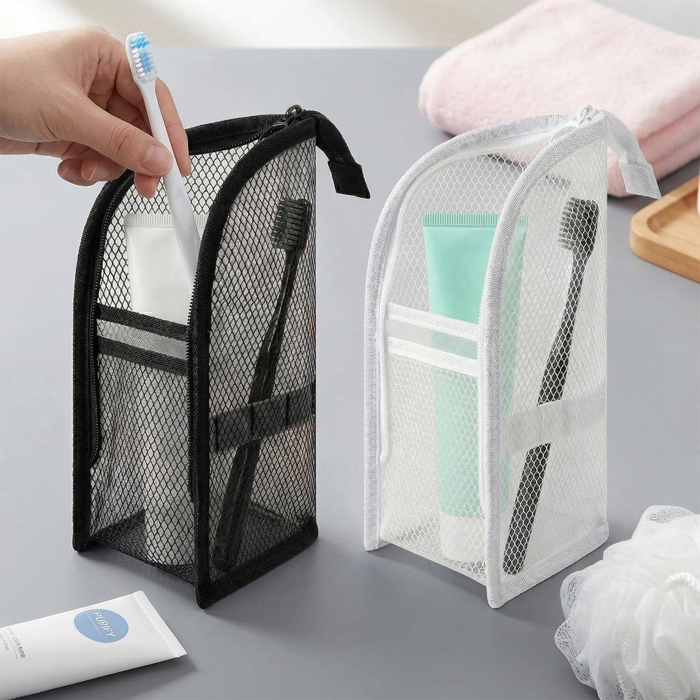 Standing Toiletry Bag, Portable Lightweight Travel Toiletry Bag, Mesh Large Capacity Cosmetic Waterproof Bag,Foldable Clear Hanging Travel Toiletry Bag Cosmetic Organiser Storage(Black)
