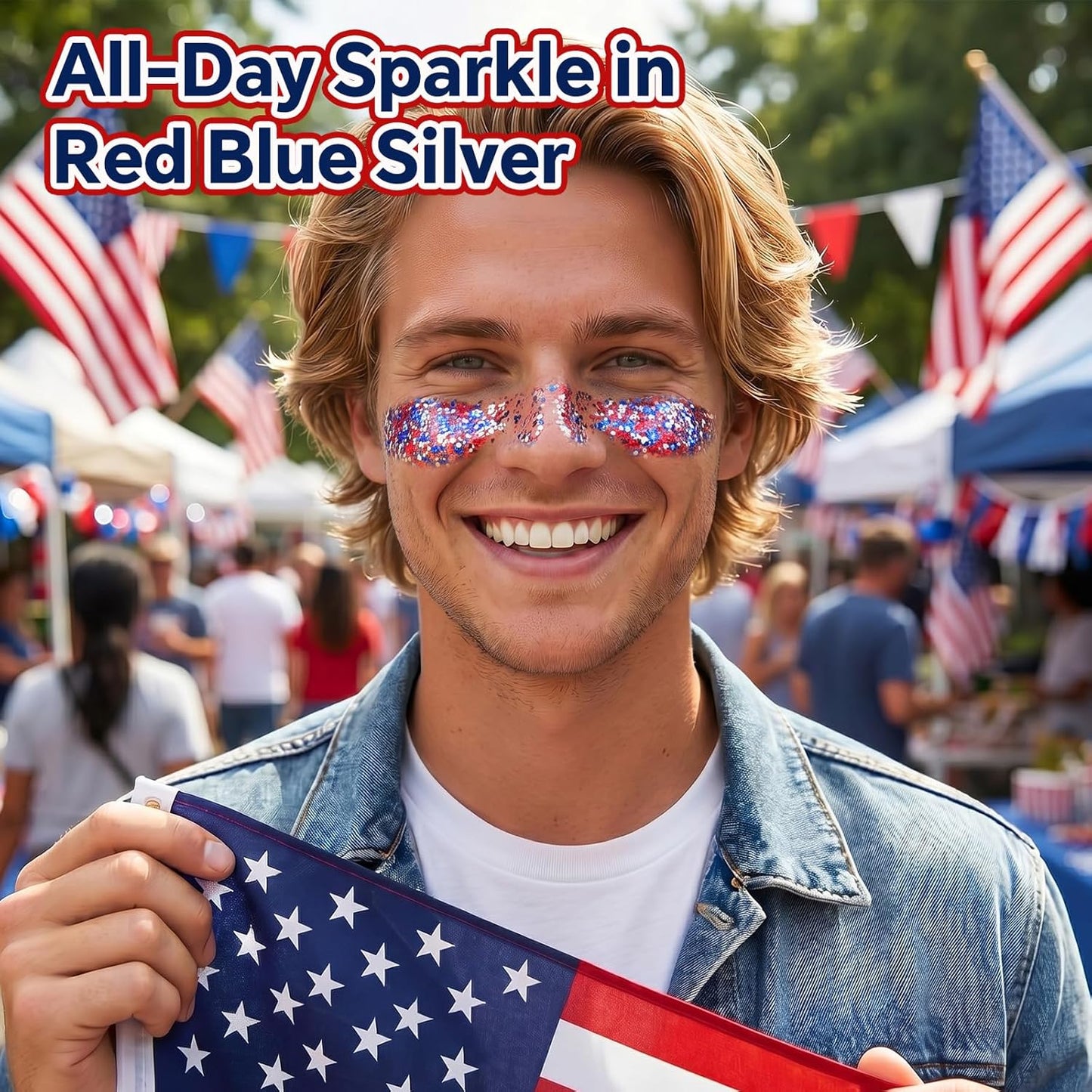Patriotic Face & Body Glitter Stick - Holographic Red, White & Blue Chunky Makeup for 4th of July | Independence Day Celebration