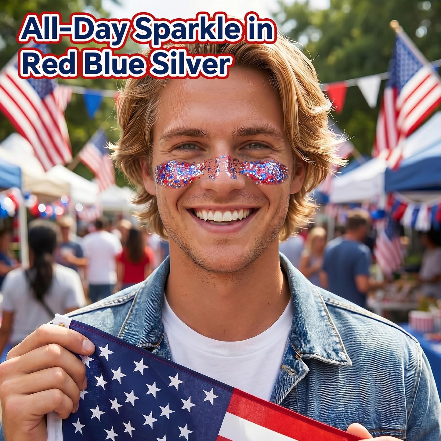 Red White Blue Sparkle Patriotic Glitter Stick - Face Hair Body Glitter, Waterproof, 4th of July 250th Independence Day USA Flag Makeup, Soccer World Cup, Memorial Veterans President's Day