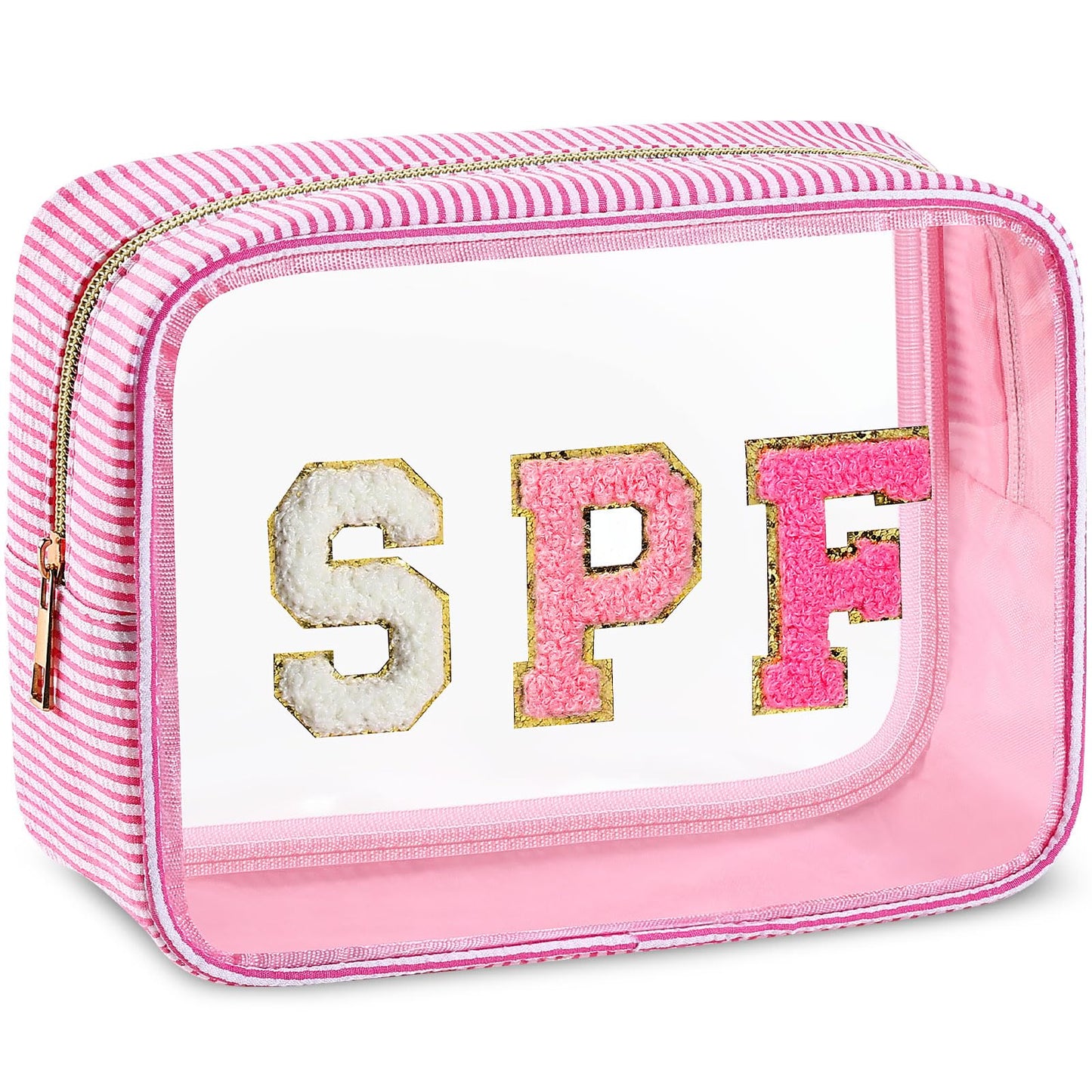 Sanwuta Seersucker SPF Bag Chenille Letter Clear Makeup Bag Preppy Travel Toiletry Pouch Large Striped Storage Organizer for Women Suncare Cosmetic Case(Rose Red)