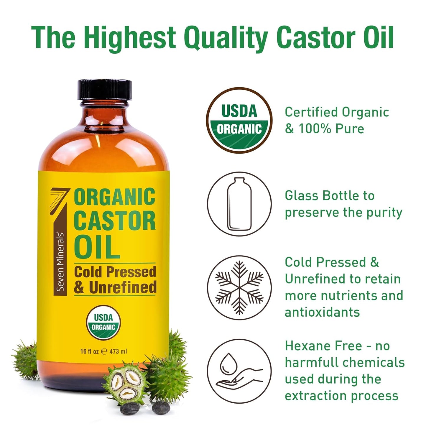 Castor Oil - Organic Cold Pressed Unrefined 16 fl oz Glass Bottle | 100% Pure USDA Certified