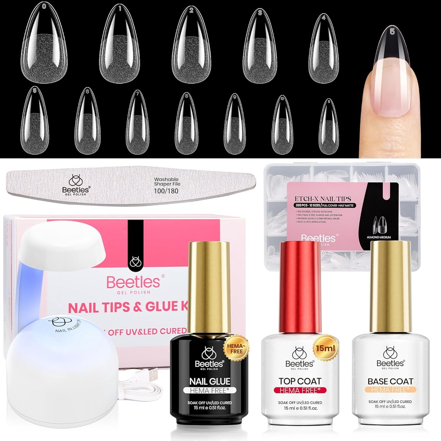 Almond Nail Tips - 288 PCS Clear Full Cover Pre-Shaped Gel Extensions for Nail Art | 12 Sizes Available