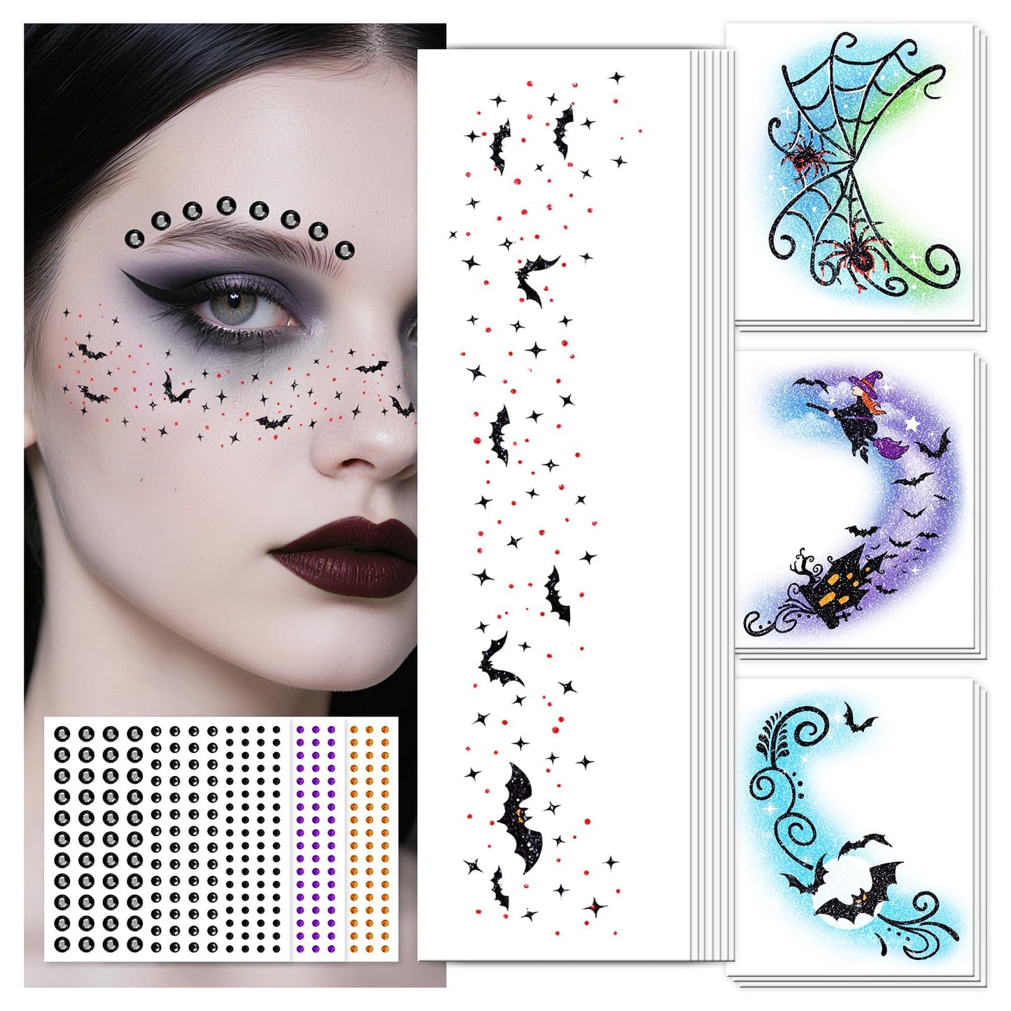 EMOME Halloween Decorations, Halloween Glitter Faux Freckles Face Tattoos with Black Orange Purple Face Gems, Halloween Rave Accessories Face Paint Makeup Kit for Women, Party Supplies