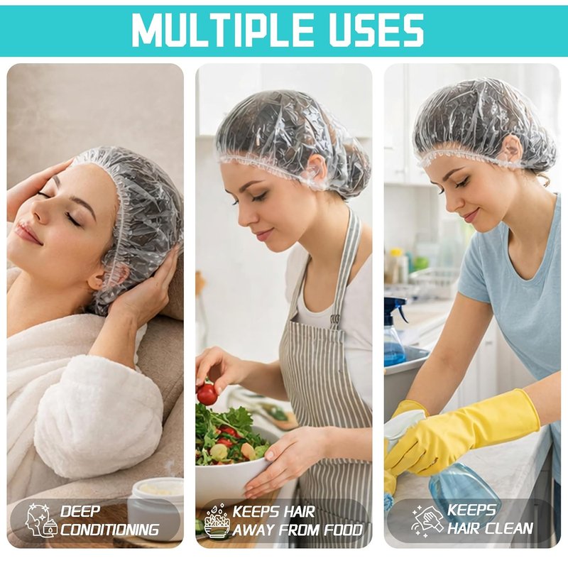 Disposable Shower Caps - Waterproof & Durable Hair Covers for Men and Women | 100 Pcs Clear Plastic for Travel & Deep Conditioning