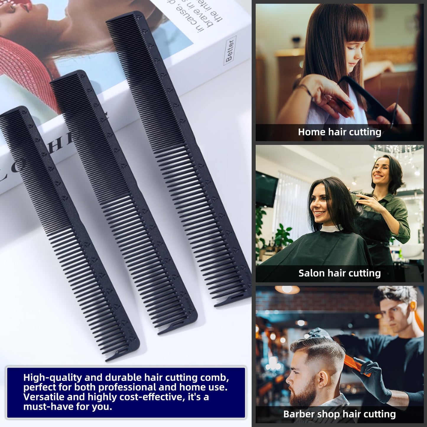 PERFEHAIR 2-Pack Professional Round Tooth Hair Cutting Comb, Black Carbon Fiber Anti-Static & Heat Resistant, Durable Barber Combs with Fine & Wide Tooth for Precise Haircut for Men & Women