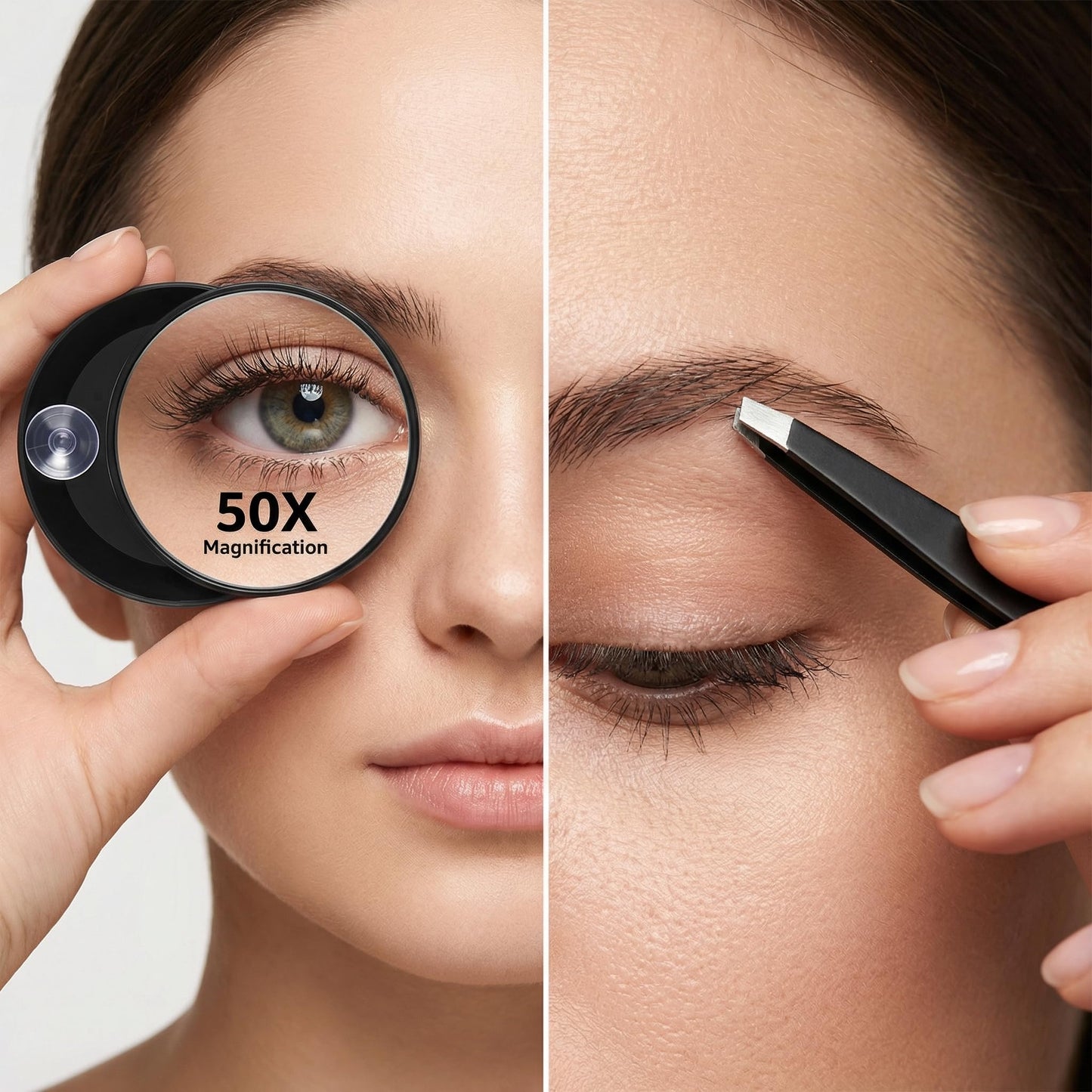 50X Magnifying Makeup Mirror, Small Round Cosmetic Tool with Suction Cups and Tweezers, Portable Handheld Mini Compact Mirror for Precision Pore Extraction Eyebrow Plucking and Travel Black
