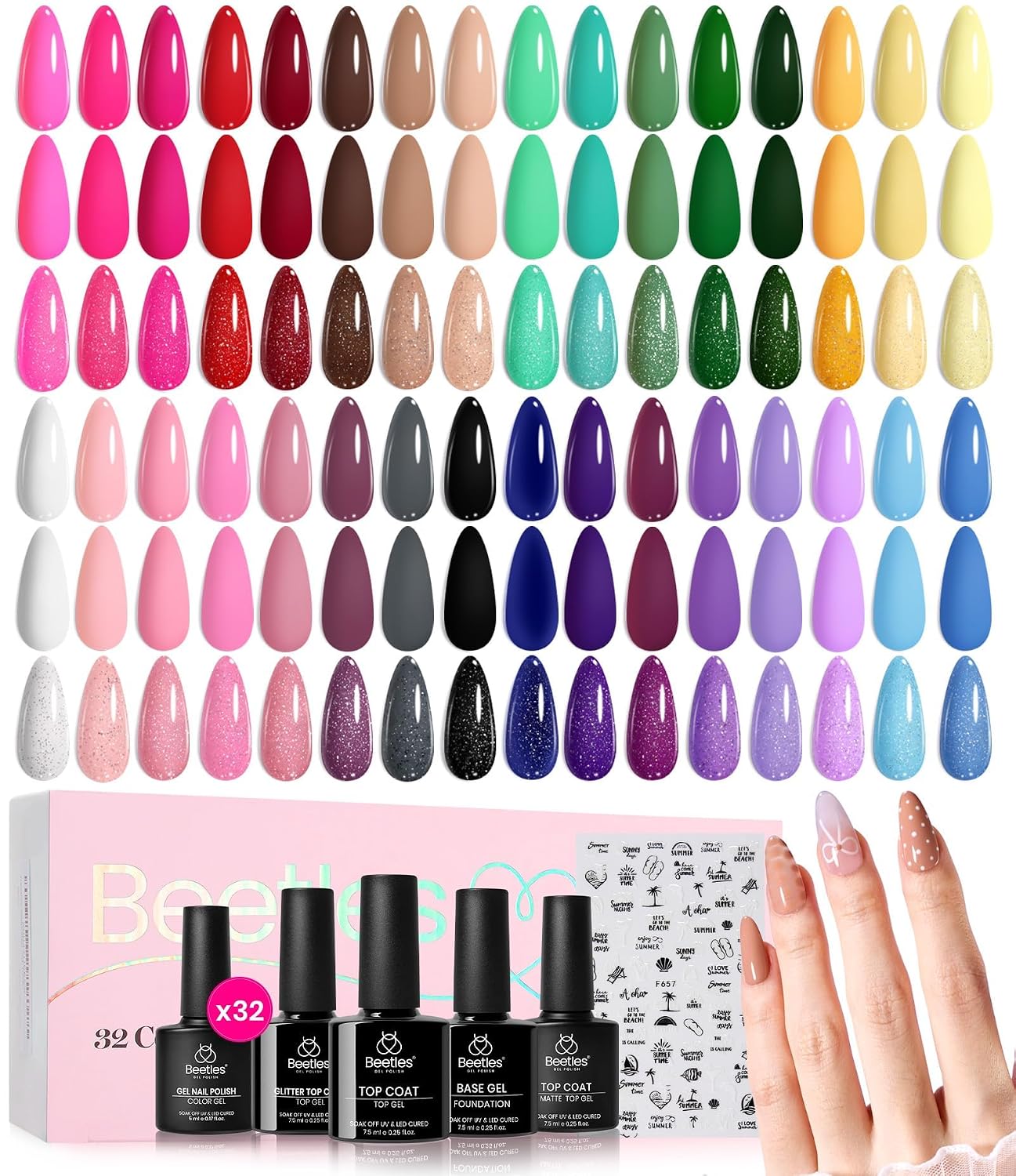 Beetles Gel Nail Polish Set - 32 Vibrant Colors | UV LED Soak Off Nail Kit with Base & Top Coat