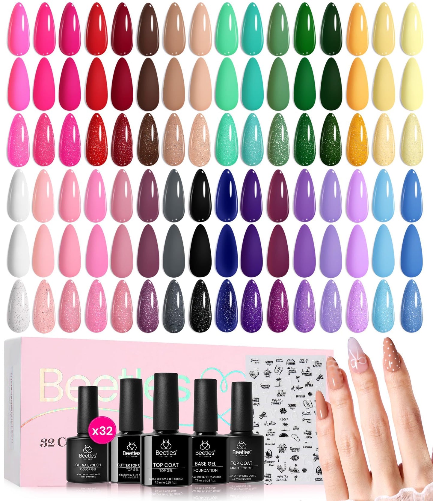 Beetles Gel Nail Polish Set - 32 Colors Summer Orange Red White Blue Purple Nude Black Brown Green Gel Polish, UV LED Soak Off Nail Kit with Base and Top Coat All Season Gift for Women