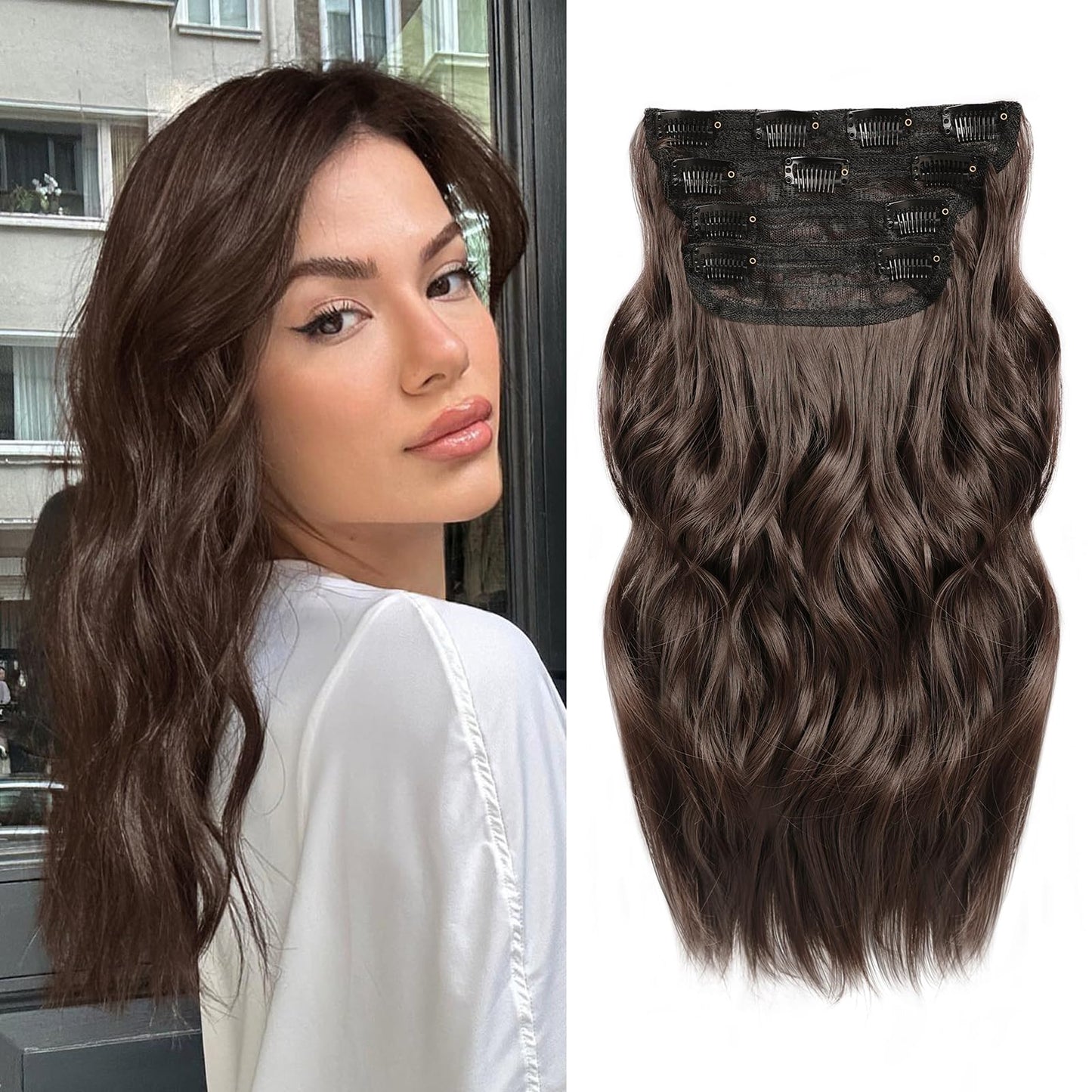 NAYOO 4PCS Clip in Hair Extensions Long Wavy Curly Synthetic Thick Hairpieces Dark Brown for Women with Fiber Double Weft Hair Full Head（16 Inch, Dark Brown）