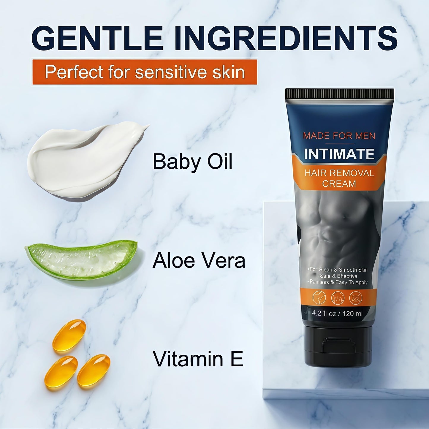 Intimate Hair Removal Cream for Men, Sensitive Skin Formula with Aloe Vera & Vitamin E, Painless Depilatory Cream for Private Parts, Chest, Back and Legs, 4.2 fl oz